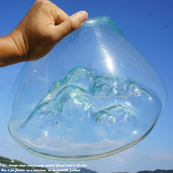 吹きガラスと天然木のオブジェL 金魚鉢 メダカ 水槽 アクアリウム テラリウム コケリウム 花瓶 流木ガラス ブルー硝子 5枚目の画像