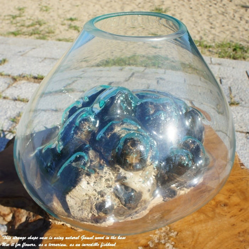 吹きガラスと天然木のオブジェL 金魚鉢 メダカ 水槽