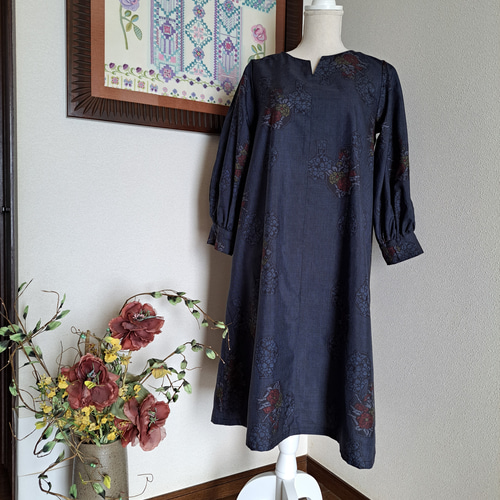 ☆着物リメイク/ハンドメイド/大島紬/キ-ネックワンピース/正絹