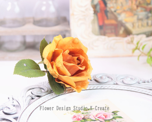 華やか☆オレンジの薔薇と葉っぱの髪飾り バラ フローレス 髪飾り