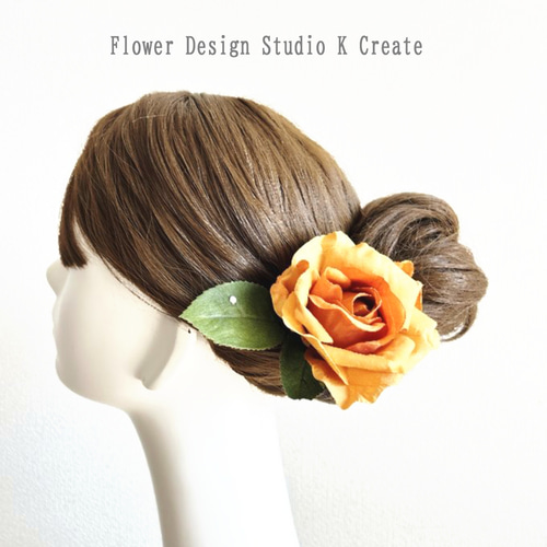 華やか☆オレンジの薔薇と葉っぱの髪飾り バラ フローレス 髪飾り