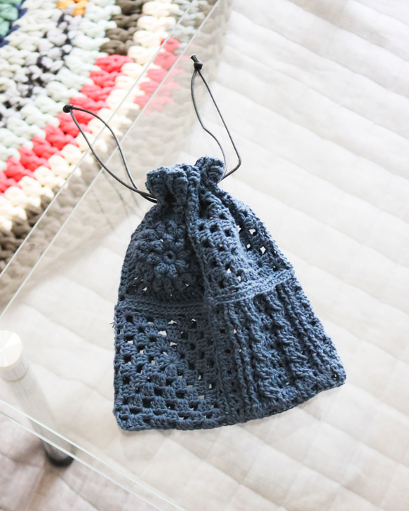 3種モチーフのクロシェ巾着　コットン(Navy)　 Crochet pouch 4枚目の画像