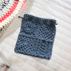 3種モチーフのクロシェ巾着　コットン(Navy)　 Crochet pouch 6枚目の画像