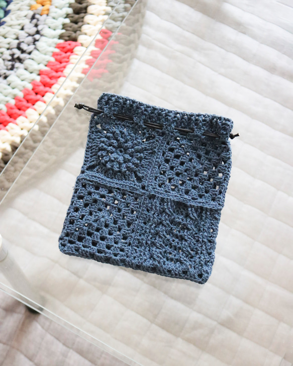 3種モチーフのクロシェ巾着　コットン(Navy)　 Crochet pouch 6枚目の画像