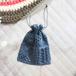 3種モチーフのクロシェ巾着　コットン(Navy)　 Crochet pouch 5枚目の画像