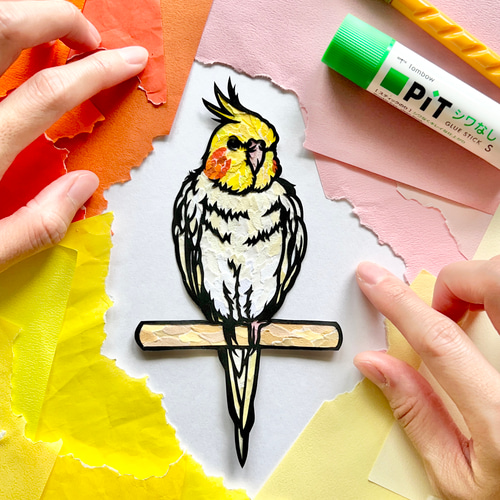 オカメインコ【ちぎり絵】 受注生産【切り絵×ちぎり絵】okame-inko -ｵｶﾒｲﾝｺ×ﾄﾏﾘｷﾞ- 原画