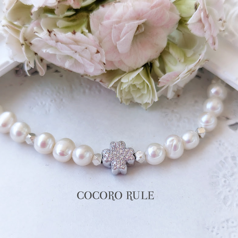 「Creema限定」「淡水パール❥アクアマリン」Silver四つ葉のブレスレット ・ネックレス