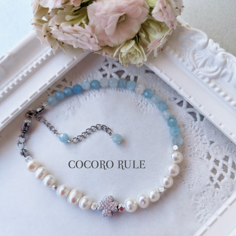 「Creema限定」「淡水パール❥アクアマリン」Silver四つ葉のブレスレット ・ネックレス