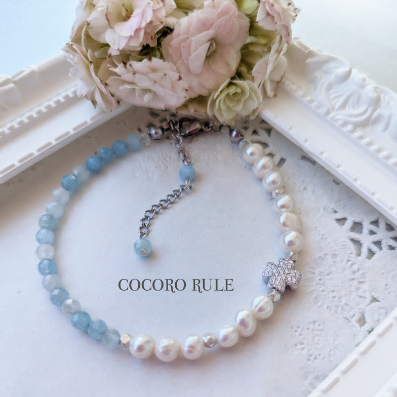 「Creema限定」「淡水パール❥アクアマリン」Silver四つ葉のブレスレット ・ネックレス