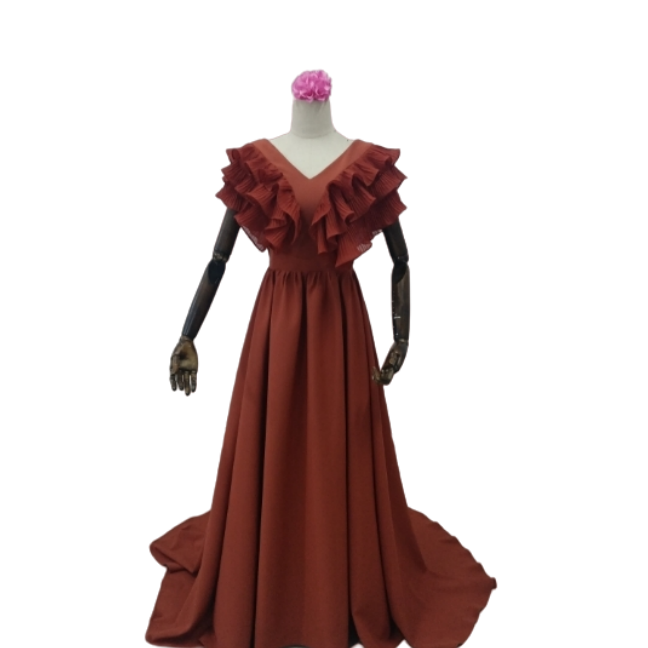 テラコッタ色 床付く フリル袖 ロングワンピース バックレス  2次会  前撮り  Vネックドレス