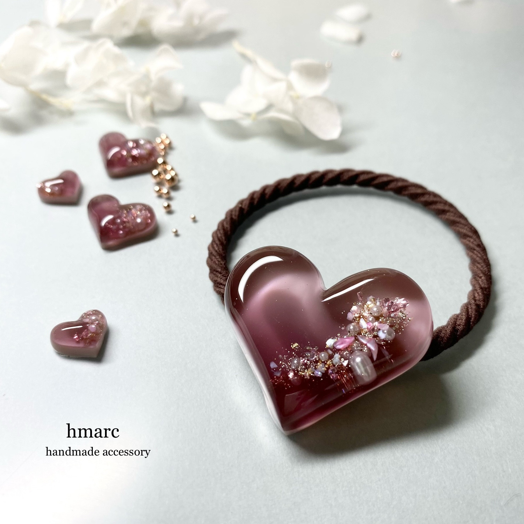 レジンヘアゴム ハート 小花 お花たっぷり マーブル くすみピンク 親子
