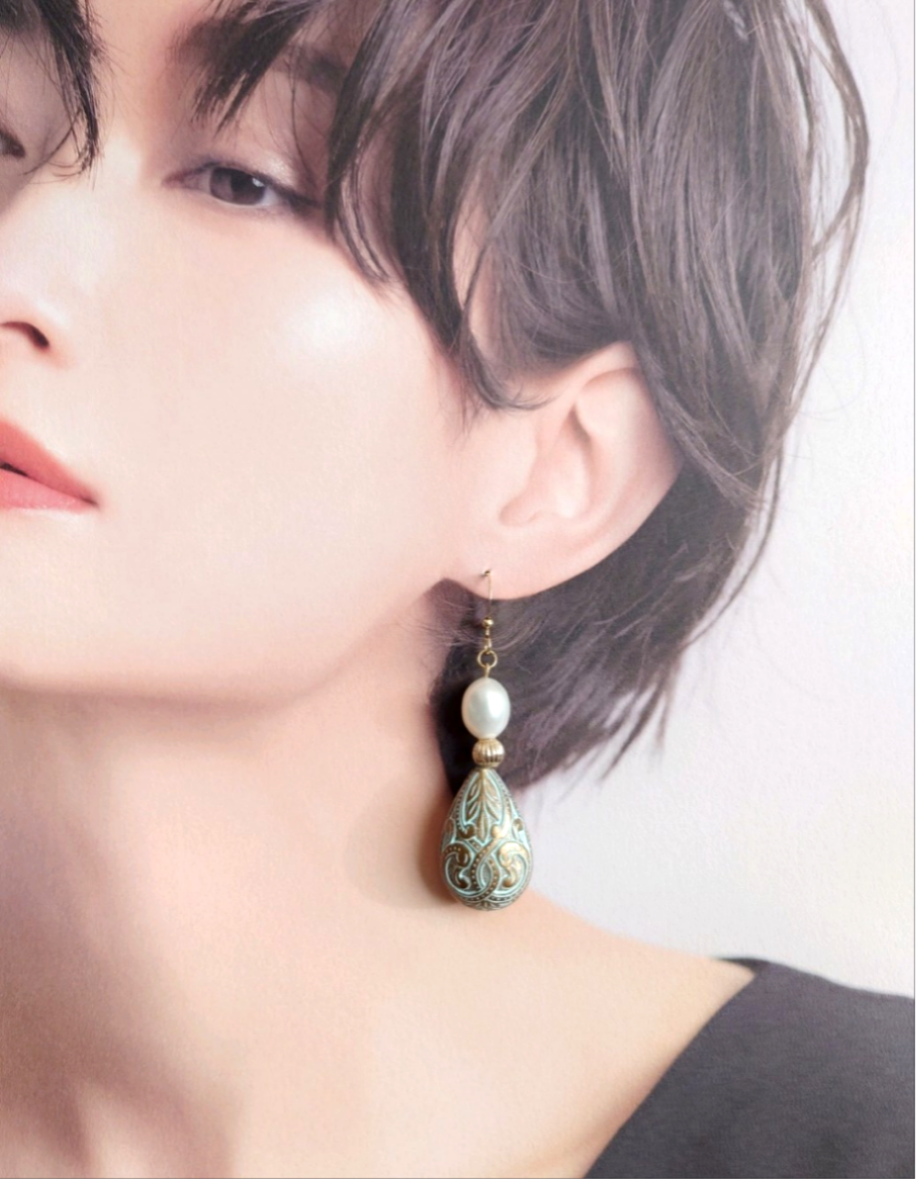 ☆再販☆14kgf☆高品質大粒淡水パールとドイツ製アンティーク調ピアス(イヤリング)