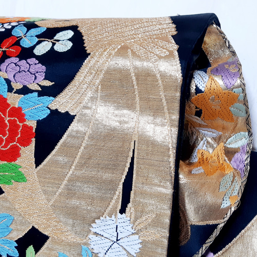 ワンタッチ帯 くらわん帯 正絹袋帯リメイク 黄金黒正倉院宝相