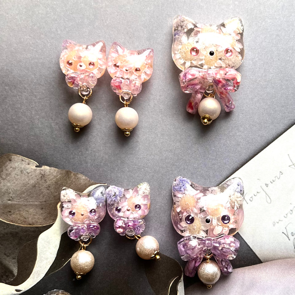 人気ブランド 海外通販 - 国内入手困難 ねこ ฅ❤️ 猫 イヤリング ピアス 花 うさぎ レジン ピアス