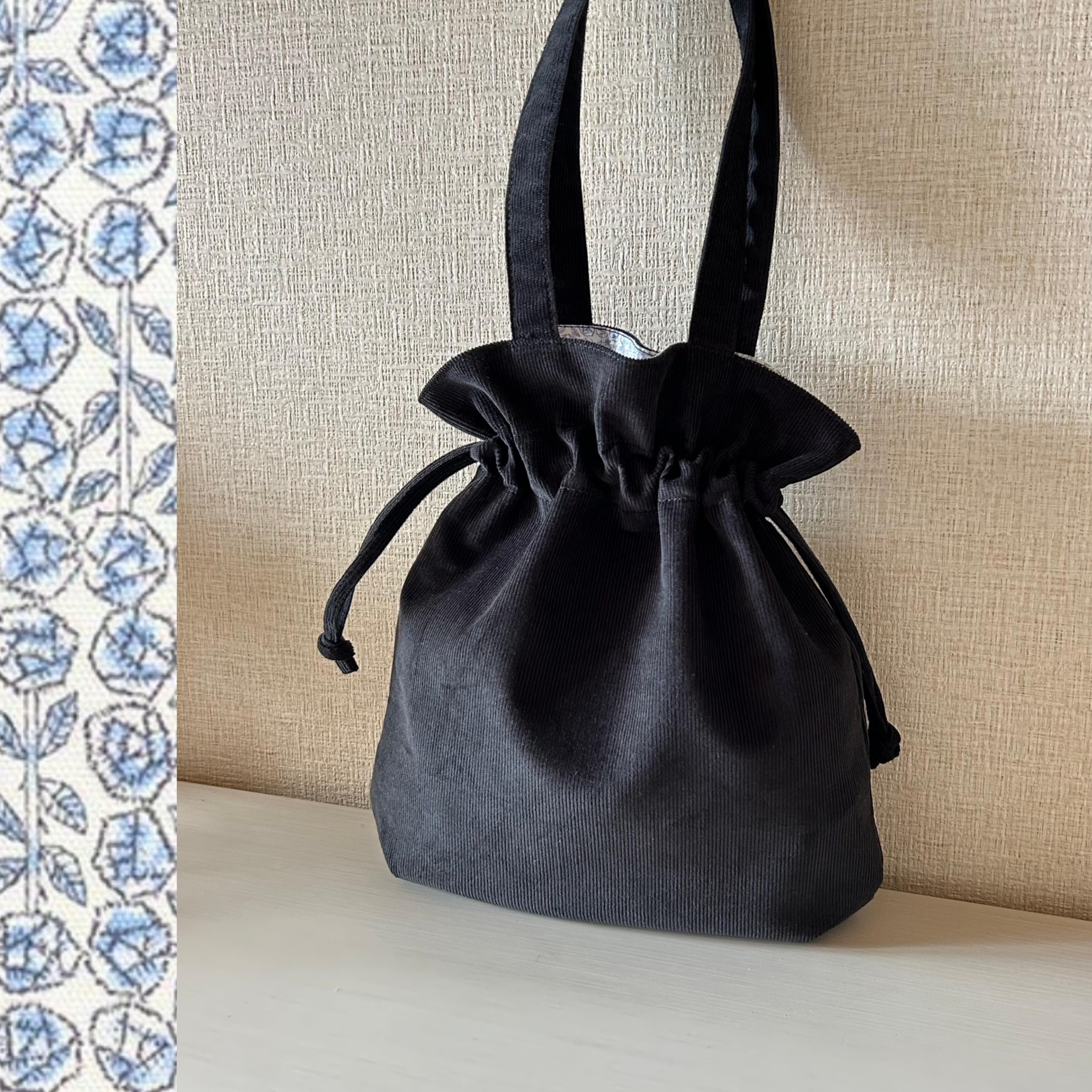 リバティ× コーデュロイの巾着トート2way　ブラック