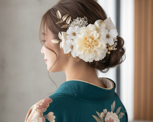 ダリアと七宝リボンの髪飾り 結婚式 成人式 花嫁 和装 振袖 卒業式 白