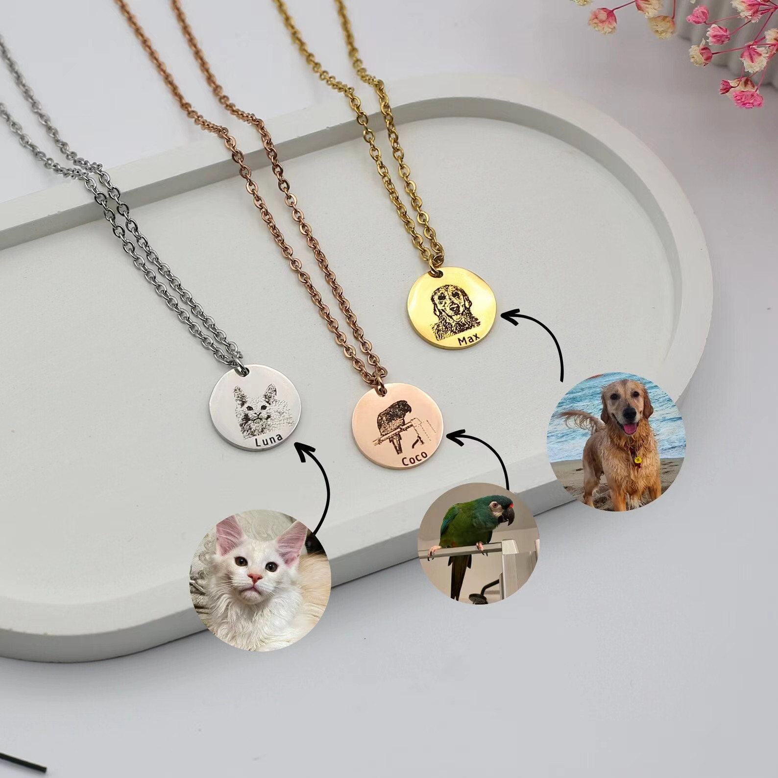 オーダーメイド うちの子ネックレス ペットネックレス肖像画 ネームネックレス犬猫似顔絵  誕生日/ペットロス/メモリアル