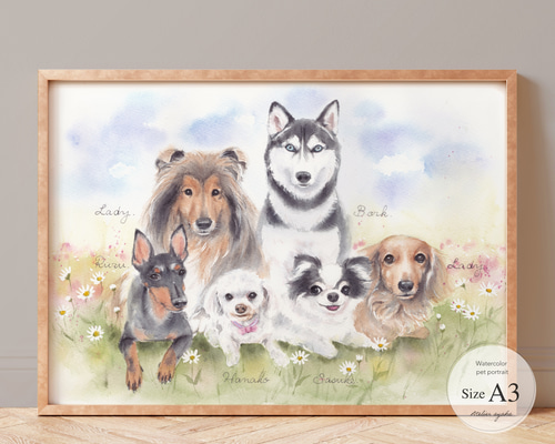 A3】水彩で描く手描きペット似顔絵（3〜11匹まで）ペットイラスト,水彩