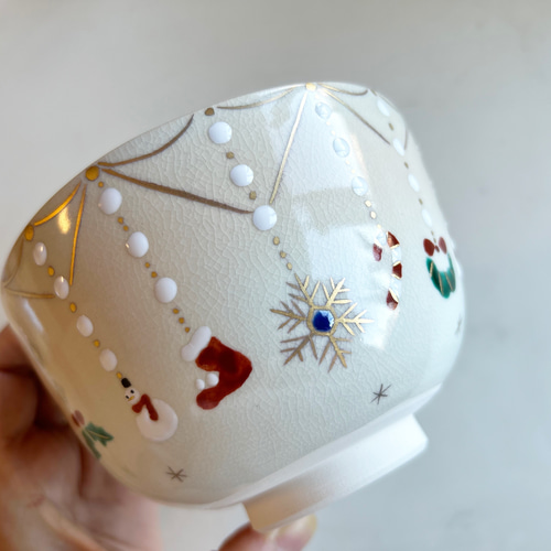 抹茶茶碗 抹茶椀 ' 色絵 雪の結晶クリスマスカラー' 京焼 茶道具