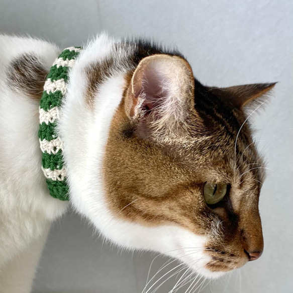 綿100% 金具なし 柔らか猫用首輪 - シニア・子猫に優しい調節可能デザイン ピンク×グレー 4枚目の画像