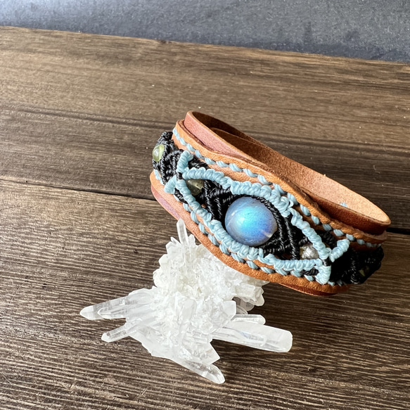 【売れ筋】 Labradorite Macrame Leather Bracelet】ラブラドライトの ブレスレット・バングル