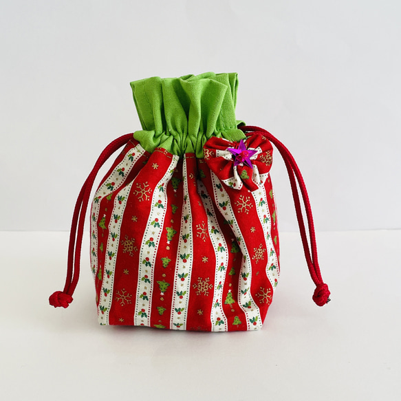 クリスマス好きに贈るミニ巾着　ハートちくちくヨーヨー　ストライプ 1枚目の画像