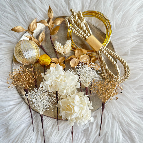 ゴールド×ホワイト系髪飾りセット水引飾り紐入り ヘッドドレス