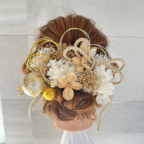 ゴールド×ホワイト系髪飾りセット水引飾り紐入り ヘッドドレス