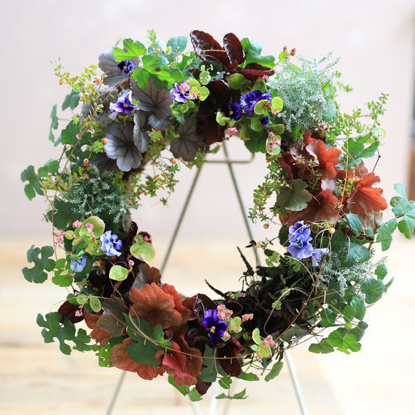 大きめサイズ♪カラーリーフとビオラのリース リース 木の実と葉っぱ