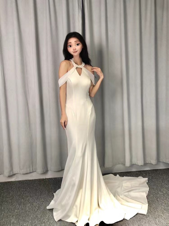 大人のフレンチサテン✨ウェディングドレス（ホルターネック）　結婚式　前撮り レース ホルターネック サテン 二次会 前撮り ウェディング