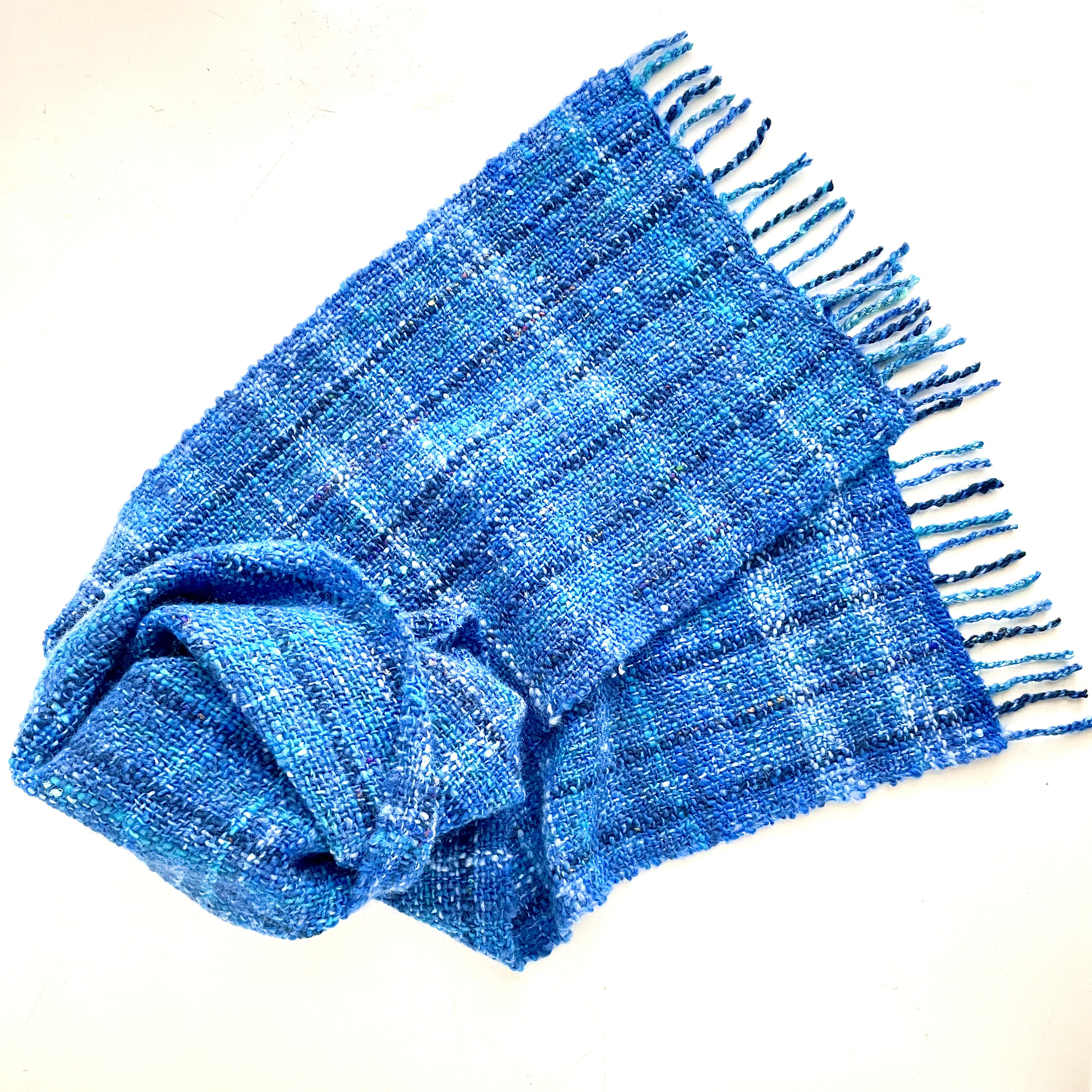 手紡ぎ/手織りマフラー 「ブルー」