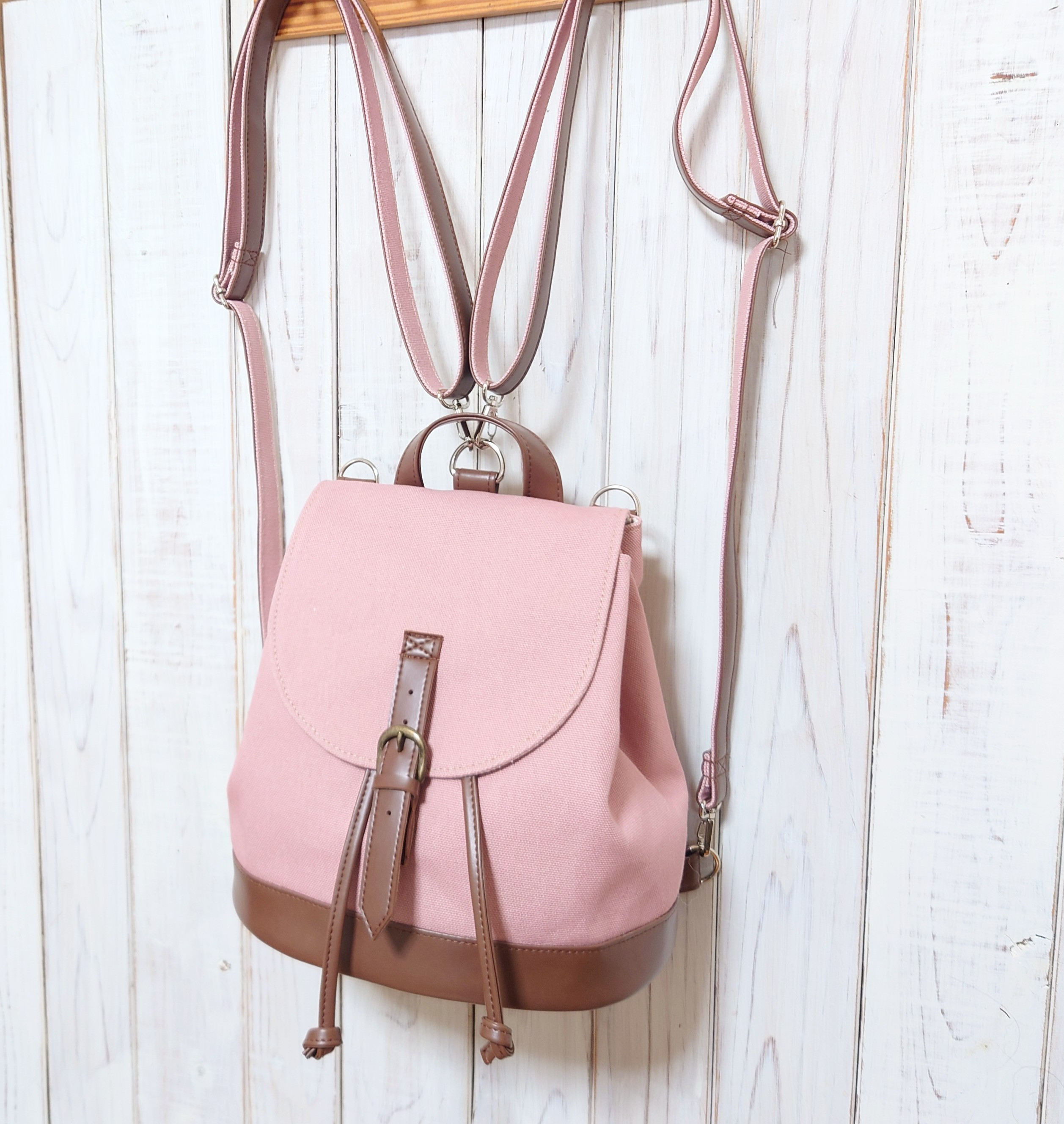 色の変更可能　3wayコーラルピンク８号帆布と焦げ茶PVCレザーのリュックT