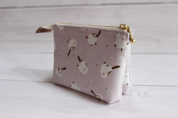 受注製作】ダブルポケットポーチ（シマエナガ 薄紫）Sサイズ ポーチ