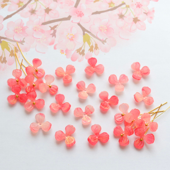 オリジナル新作★三つ葉、桃の花、お花のアセテートパーツ　ゴールドピンクグラデーション 18枚目の画像