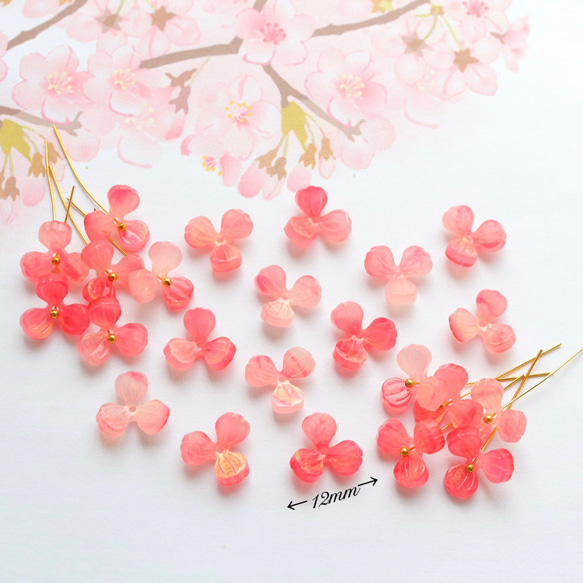 オリジナル新作★三つ葉、桃の花、お花のアセテートパーツ　ゴールドピンクグラデーション 2枚目の画像