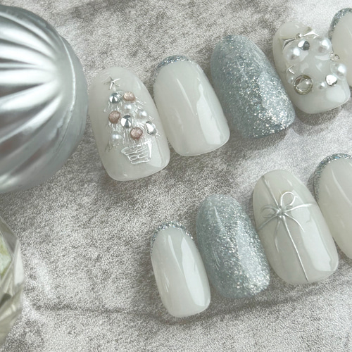 ホワイトクリスマスネイル/クリスマス/ホワイトネイル ネイルチップ  