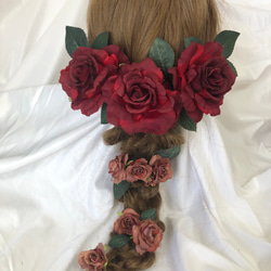 くすみ赤系カラーグラデーションのヘッドドレス・髪飾り　美女と野獣・ハーフアップ・ラプンチェル 1枚目の画像
