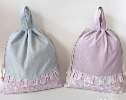 お花とフリルの持ち手付き巾着 体操服袋・お着替え入れ 選べるカラーと