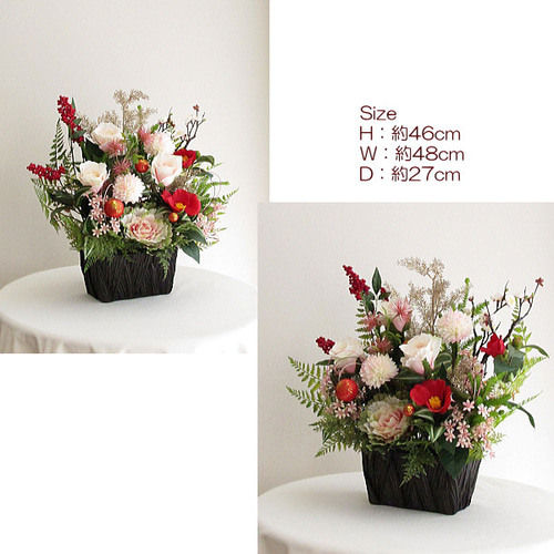 正月飾り～白梅・南天・赤椿・バラ・マム・葉牡丹入りモダンお正月