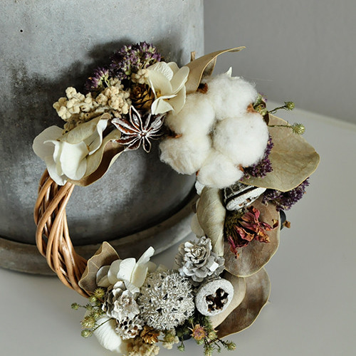 ドライフラワー クリスマスリース】綿と実のドライフラワーの