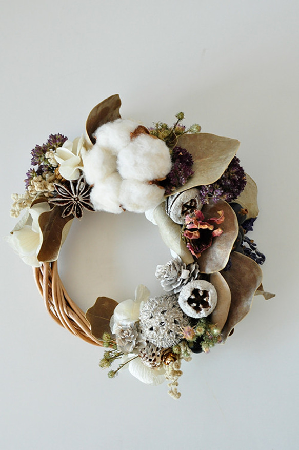 ドライフラワー クリスマスリース】綿と実のドライフラワーの