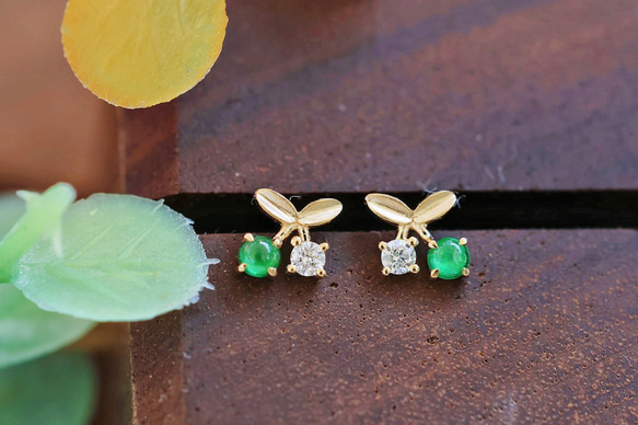 天然ダイヤモンド付きヒスイピアスk18 ピアス（スタッド・一粒  