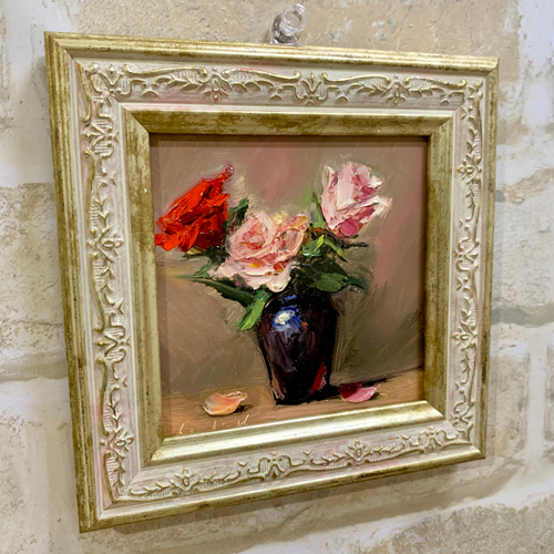 油彩画 Three Roses and Black Vase 絵画 Sachi Yoshimoto Art 通販