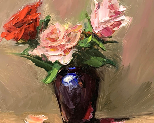 油彩画 Three Roses and Black Vase 絵画 Sachi Yoshimoto Art