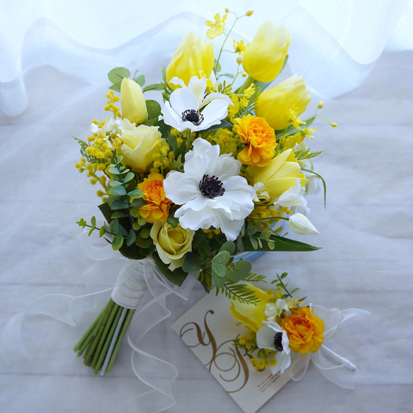 イエローチューリップとアネモネのブーケ ウェディングブーケ ブーケ  