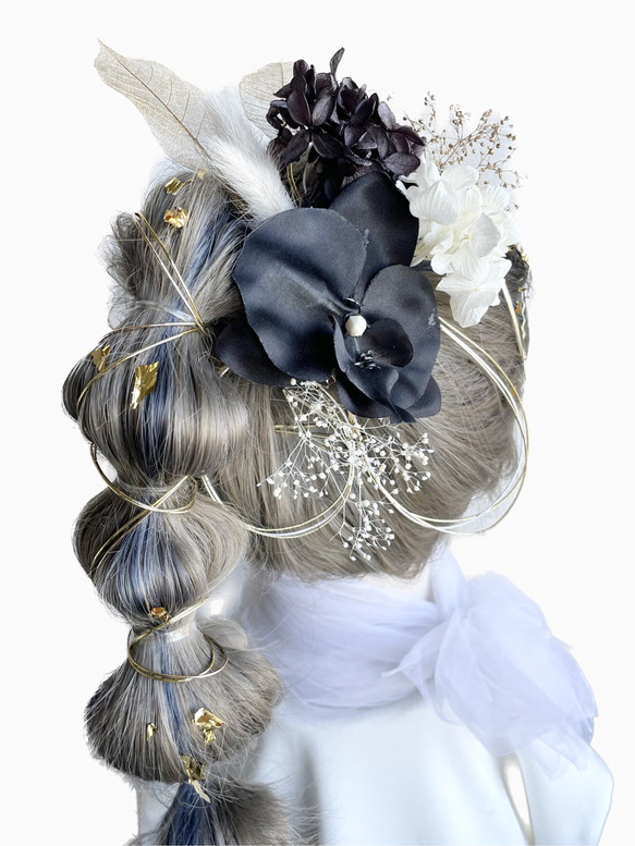 髪飾り(胡蝶蘭/ブラック) 水引 金箔 紫陽花 成人式 卒業式 結婚式 2枚目の画像