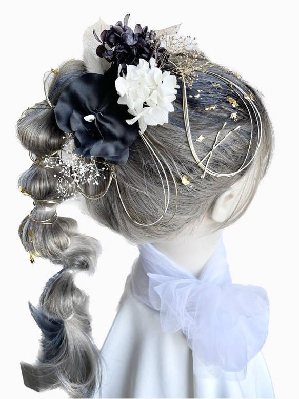 髪飾り(胡蝶蘭/ブラック) 水引 金箔 紫陽花 成人式 卒業式 結婚式 3枚目の画像