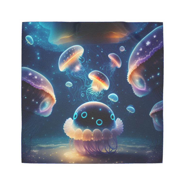 宇宙のような深海で泳ぐ幻想的でゆめかわいいきらびやかなネオン色に光るクラゲ スカーフ