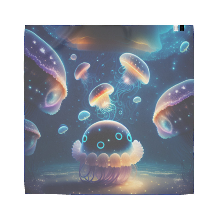 宇宙のような深海で泳ぐ幻想的でゆめかわいいきらびやかなネオン色に光るクラゲ スカーフ