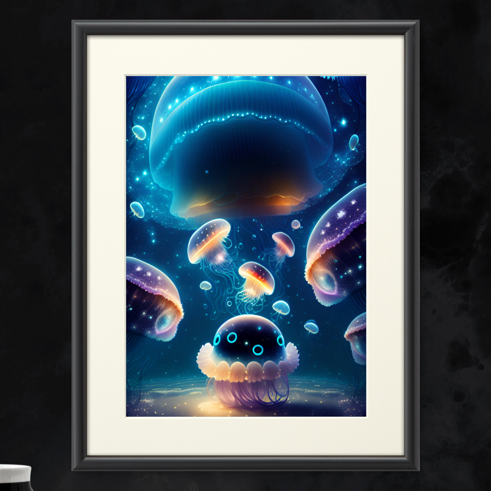 宇宙のような深海で泳ぐ幻想的でゆめかわいいきらびやかなネオン色に光るクラゲ スカーフ